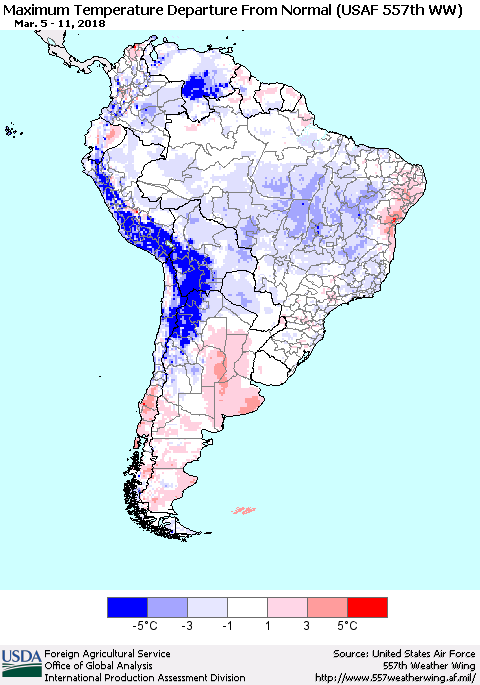 South America Mean Maximum Temperature Departure from Normal (USAF 557th WW) Thematic Map For 3/5/2018 - 3/11/2018