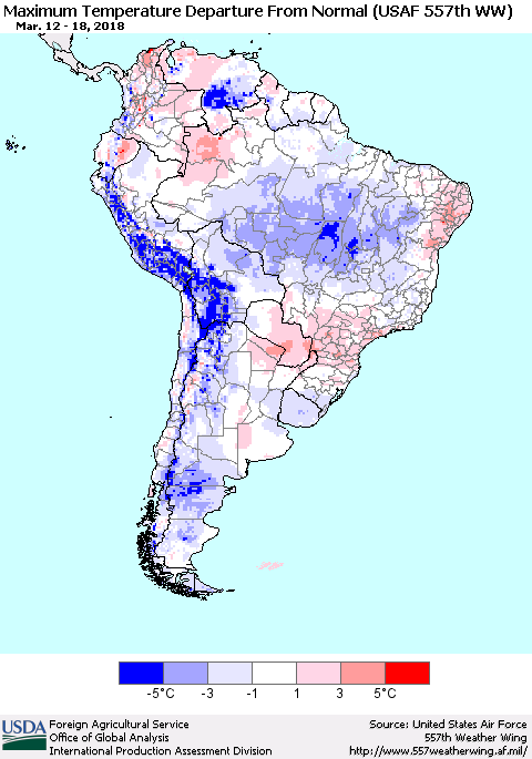 South America Mean Maximum Temperature Departure from Normal (USAF 557th WW) Thematic Map For 3/12/2018 - 3/18/2018