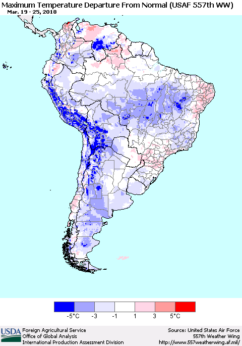 South America Mean Maximum Temperature Departure from Normal (USAF 557th WW) Thematic Map For 3/19/2018 - 3/25/2018