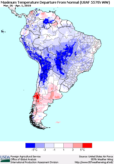 South America Mean Maximum Temperature Departure from Normal (USAF 557th WW) Thematic Map For 3/26/2018 - 4/1/2018