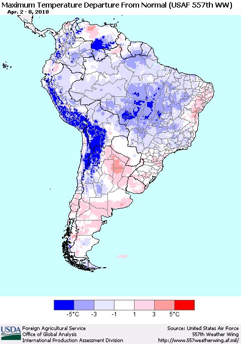 South America Mean Maximum Temperature Departure from Normal (USAF 557th WW) Thematic Map For 4/2/2018 - 4/8/2018