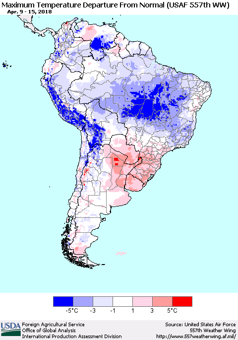 South America Mean Maximum Temperature Departure from Normal (USAF 557th WW) Thematic Map For 4/9/2018 - 4/15/2018