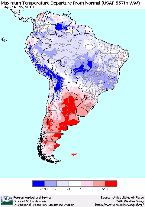 South America Mean Maximum Temperature Departure from Normal (USAF 557th WW) Thematic Map For 4/16/2018 - 4/22/2018