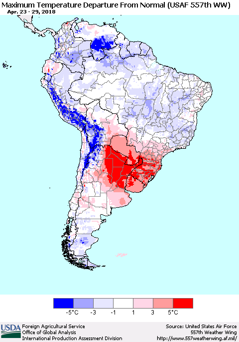 South America Mean Maximum Temperature Departure from Normal (USAF 557th WW) Thematic Map For 4/23/2018 - 4/29/2018
