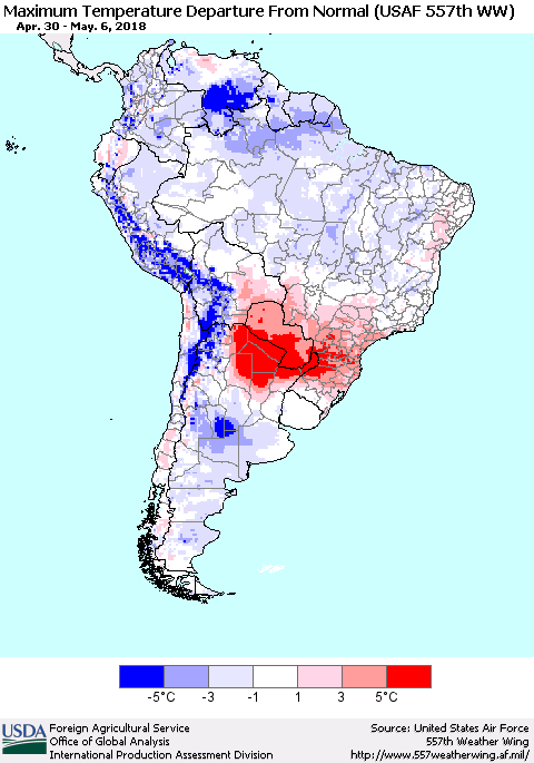 South America Mean Maximum Temperature Departure from Normal (USAF 557th WW) Thematic Map For 4/30/2018 - 5/6/2018