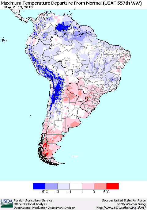 South America Mean Maximum Temperature Departure from Normal (USAF 557th WW) Thematic Map For 5/7/2018 - 5/13/2018