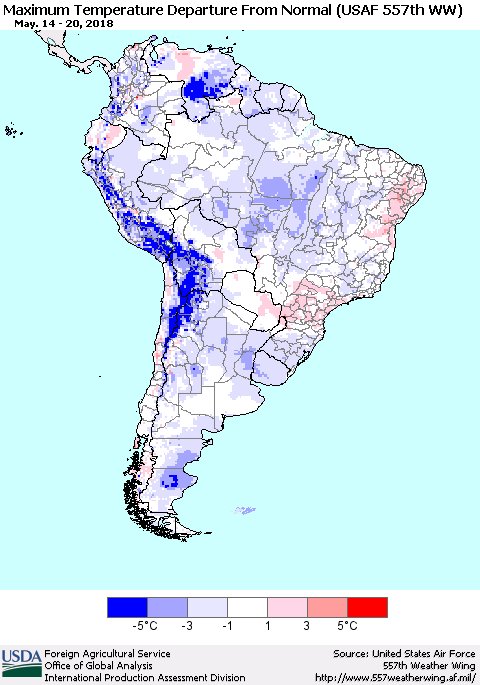 South America Mean Maximum Temperature Departure from Normal (USAF 557th WW) Thematic Map For 5/14/2018 - 5/20/2018