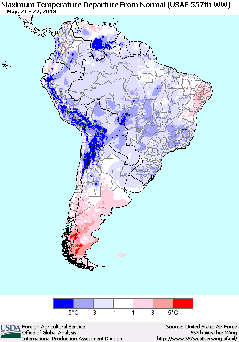 South America Mean Maximum Temperature Departure from Normal (USAF 557th WW) Thematic Map For 5/21/2018 - 5/27/2018