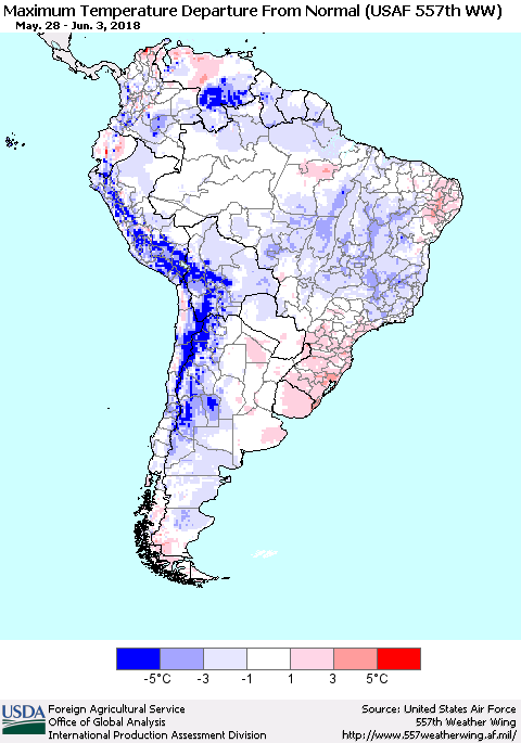 South America Mean Maximum Temperature Departure from Normal (USAF 557th WW) Thematic Map For 5/28/2018 - 6/3/2018