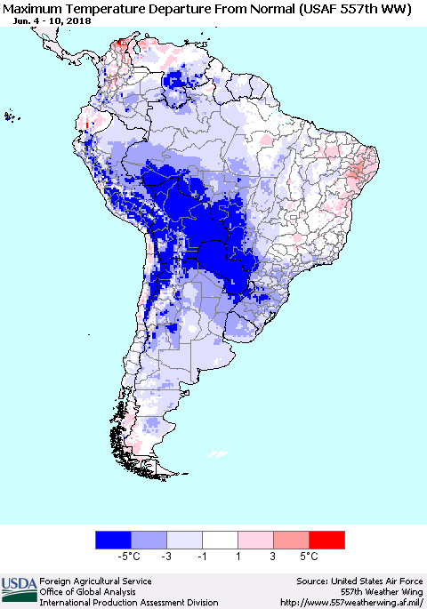 South America Mean Maximum Temperature Departure from Normal (USAF 557th WW) Thematic Map For 6/4/2018 - 6/10/2018