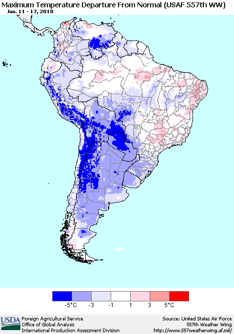 South America Mean Maximum Temperature Departure from Normal (USAF 557th WW) Thematic Map For 6/11/2018 - 6/17/2018