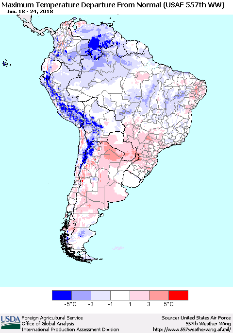 South America Mean Maximum Temperature Departure from Normal (USAF 557th WW) Thematic Map For 6/18/2018 - 6/24/2018