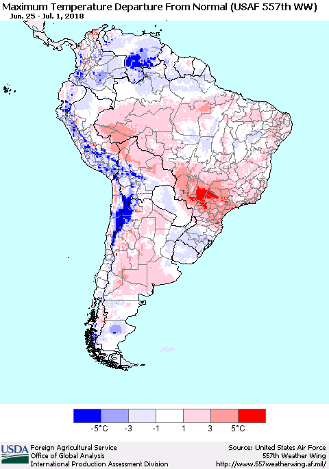 South America Mean Maximum Temperature Departure from Normal (USAF 557th WW) Thematic Map For 6/25/2018 - 7/1/2018
