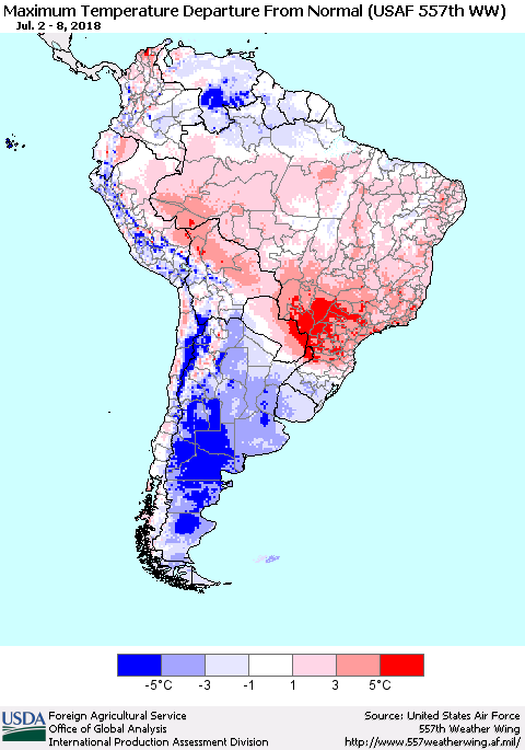 South America Mean Maximum Temperature Departure from Normal (USAF 557th WW) Thematic Map For 7/2/2018 - 7/8/2018