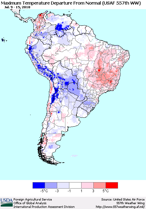 South America Mean Maximum Temperature Departure from Normal (USAF 557th WW) Thematic Map For 7/9/2018 - 7/15/2018