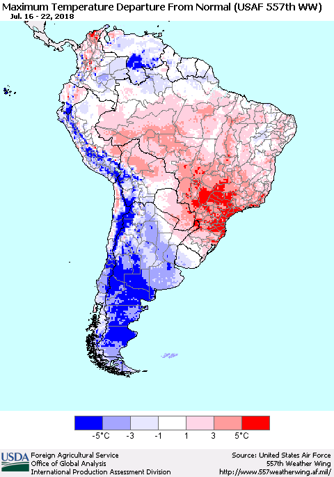 South America Mean Maximum Temperature Departure from Normal (USAF 557th WW) Thematic Map For 7/16/2018 - 7/22/2018