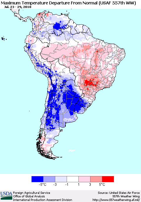 South America Mean Maximum Temperature Departure from Normal (USAF 557th WW) Thematic Map For 7/23/2018 - 7/29/2018