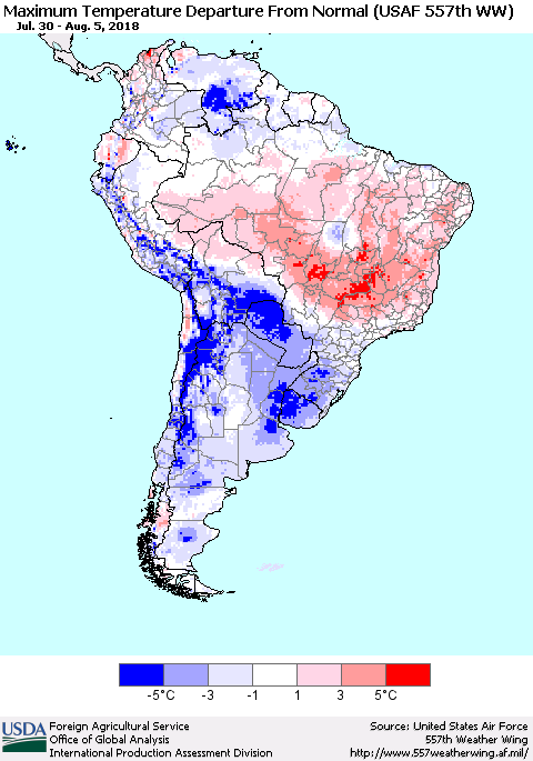 South America Mean Maximum Temperature Departure from Normal (USAF 557th WW) Thematic Map For 7/30/2018 - 8/5/2018