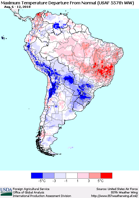 South America Mean Maximum Temperature Departure from Normal (USAF 557th WW) Thematic Map For 8/6/2018 - 8/12/2018