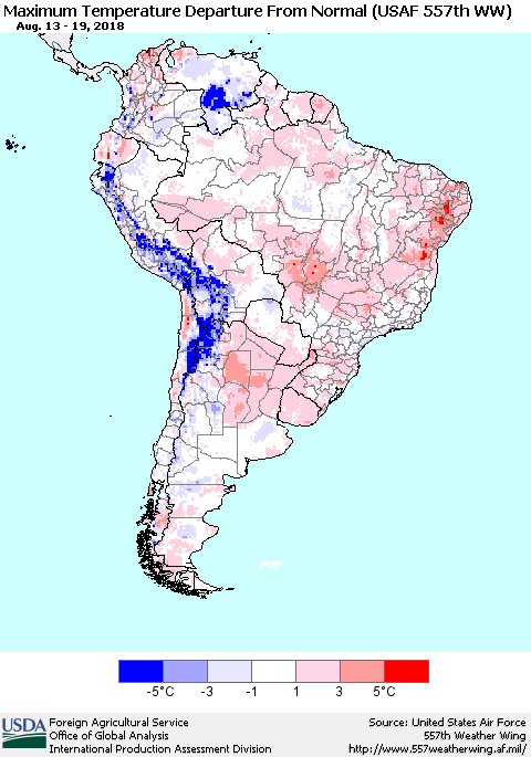 South America Mean Maximum Temperature Departure from Normal (USAF 557th WW) Thematic Map For 8/13/2018 - 8/19/2018