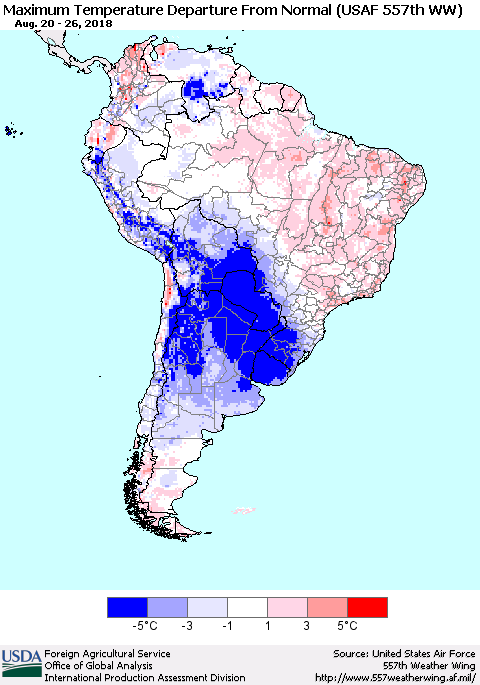 South America Mean Maximum Temperature Departure from Normal (USAF 557th WW) Thematic Map For 8/20/2018 - 8/26/2018