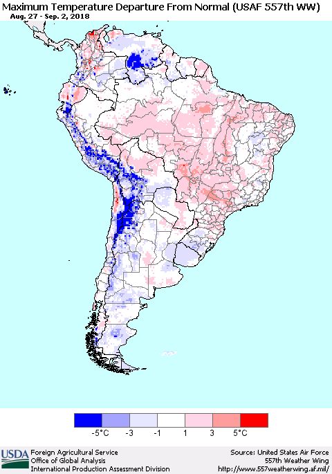 South America Mean Maximum Temperature Departure from Normal (USAF 557th WW) Thematic Map For 8/27/2018 - 9/2/2018