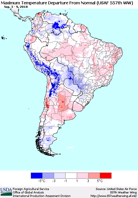 South America Mean Maximum Temperature Departure from Normal (USAF 557th WW) Thematic Map For 9/3/2018 - 9/9/2018