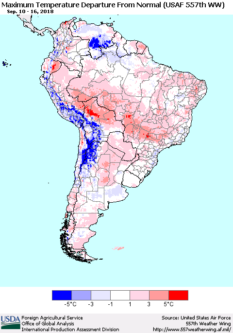 South America Mean Maximum Temperature Departure from Normal (USAF 557th WW) Thematic Map For 9/10/2018 - 9/16/2018