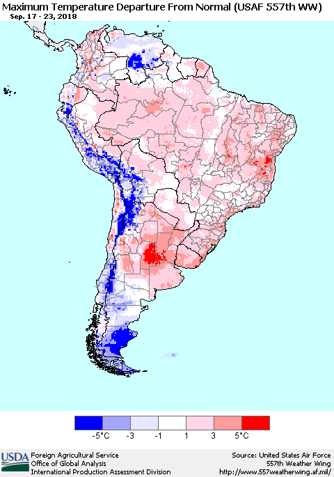 South America Mean Maximum Temperature Departure from Normal (USAF 557th WW) Thematic Map For 9/17/2018 - 9/23/2018