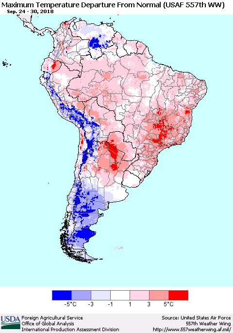 South America Mean Maximum Temperature Departure from Normal (USAF 557th WW) Thematic Map For 9/24/2018 - 9/30/2018