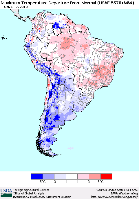 South America Mean Maximum Temperature Departure from Normal (USAF 557th WW) Thematic Map For 10/1/2018 - 10/7/2018