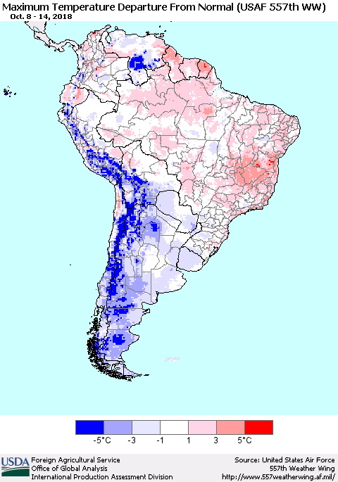 South America Mean Maximum Temperature Departure from Normal (USAF 557th WW) Thematic Map For 10/8/2018 - 10/14/2018