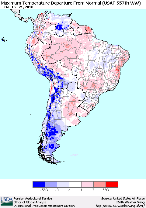 South America Mean Maximum Temperature Departure from Normal (USAF 557th WW) Thematic Map For 10/15/2018 - 10/21/2018