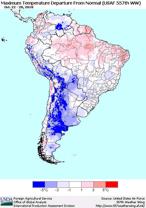 South America Mean Maximum Temperature Departure from Normal (USAF 557th WW) Thematic Map For 10/22/2018 - 10/28/2018
