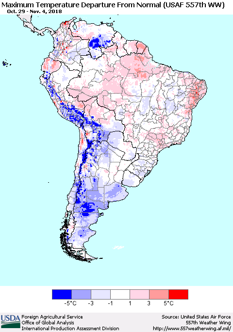 South America Mean Maximum Temperature Departure from Normal (USAF 557th WW) Thematic Map For 10/29/2018 - 11/4/2018