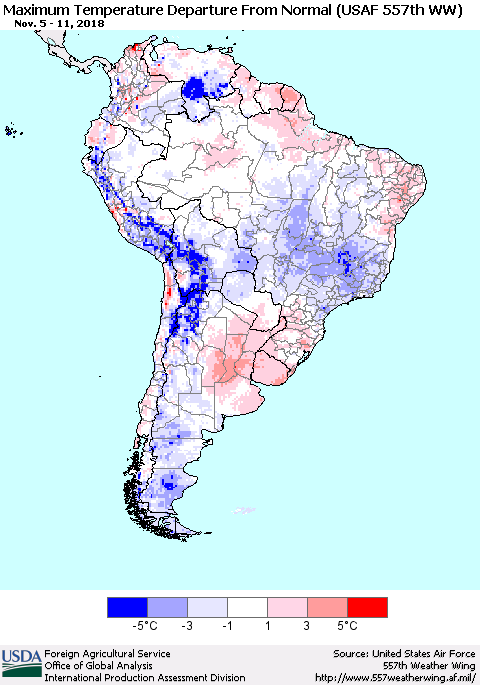 South America Mean Maximum Temperature Departure from Normal (USAF 557th WW) Thematic Map For 11/5/2018 - 11/11/2018