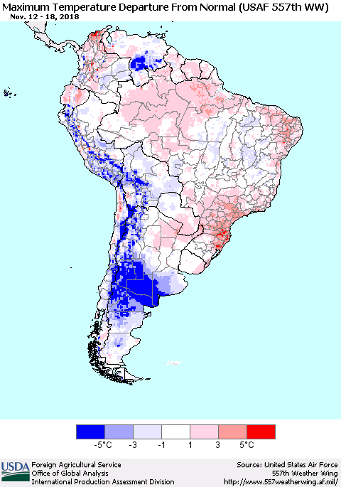 South America Mean Maximum Temperature Departure from Normal (USAF 557th WW) Thematic Map For 11/12/2018 - 11/18/2018