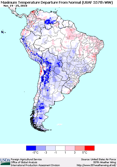 South America Mean Maximum Temperature Departure from Normal (USAF 557th WW) Thematic Map For 11/19/2018 - 11/25/2018