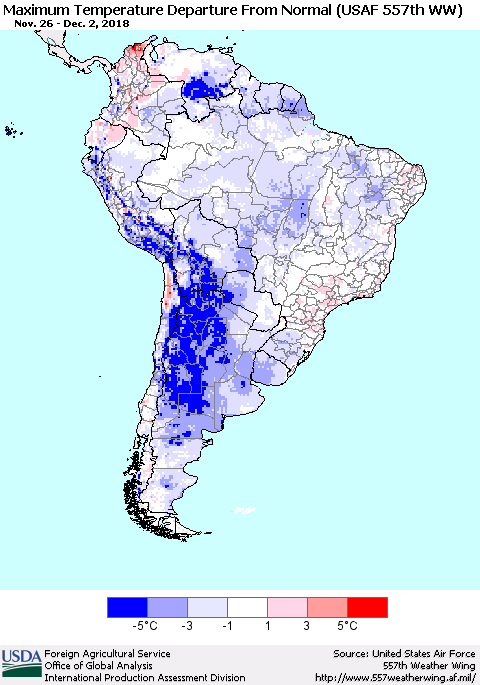 South America Mean Maximum Temperature Departure from Normal (USAF 557th WW) Thematic Map For 11/26/2018 - 12/2/2018