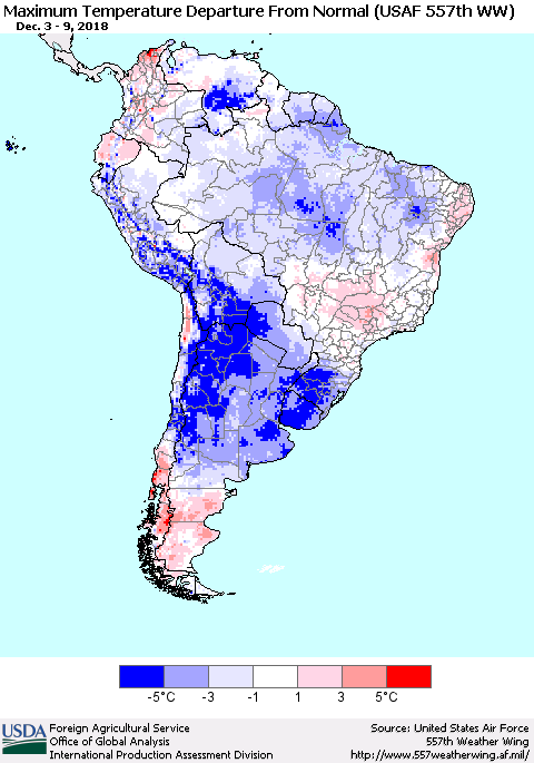 South America Mean Maximum Temperature Departure from Normal (USAF 557th WW) Thematic Map For 12/3/2018 - 12/9/2018