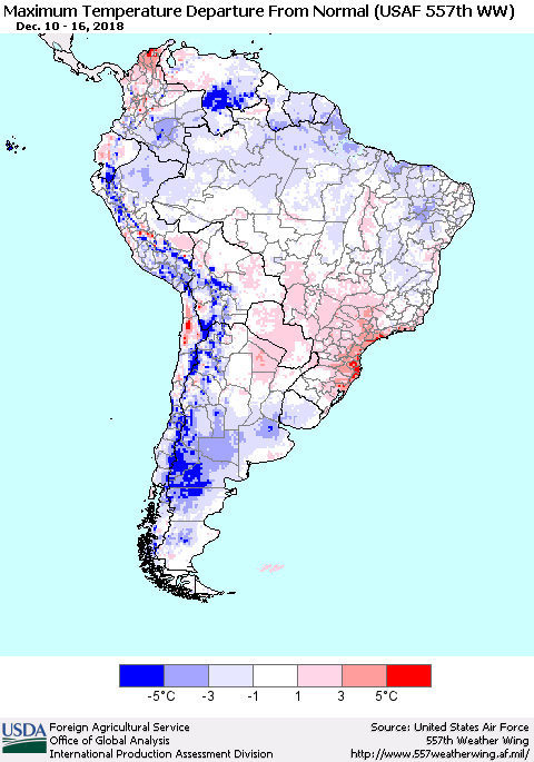 South America Mean Maximum Temperature Departure from Normal (USAF 557th WW) Thematic Map For 12/10/2018 - 12/16/2018
