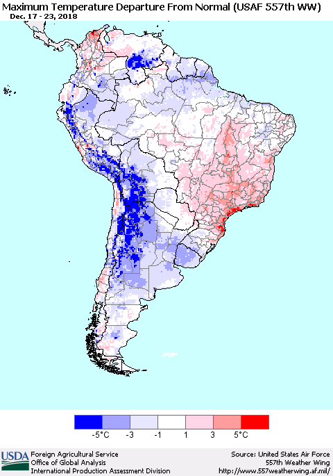 South America Mean Maximum Temperature Departure from Normal (USAF 557th WW) Thematic Map For 12/17/2018 - 12/23/2018