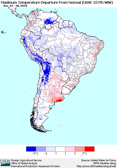 South America Mean Maximum Temperature Departure from Normal (USAF 557th WW) Thematic Map For 12/24/2018 - 12/30/2018