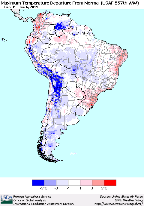South America Mean Maximum Temperature Departure from Normal (USAF 557th WW) Thematic Map For 12/31/2018 - 1/6/2019