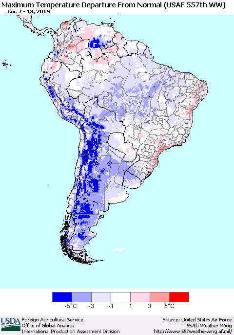 South America Mean Maximum Temperature Departure from Normal (USAF 557th WW) Thematic Map For 1/7/2019 - 1/13/2019