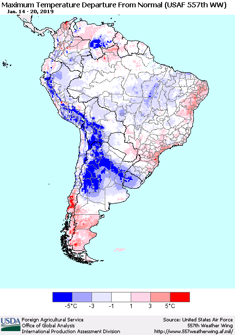 South America Mean Maximum Temperature Departure from Normal (USAF 557th WW) Thematic Map For 1/14/2019 - 1/20/2019