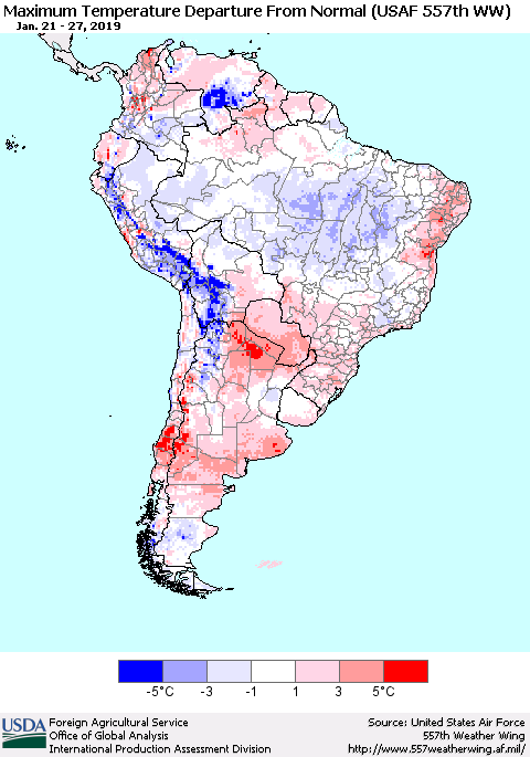 South America Mean Maximum Temperature Departure from Normal (USAF 557th WW) Thematic Map For 1/21/2019 - 1/27/2019