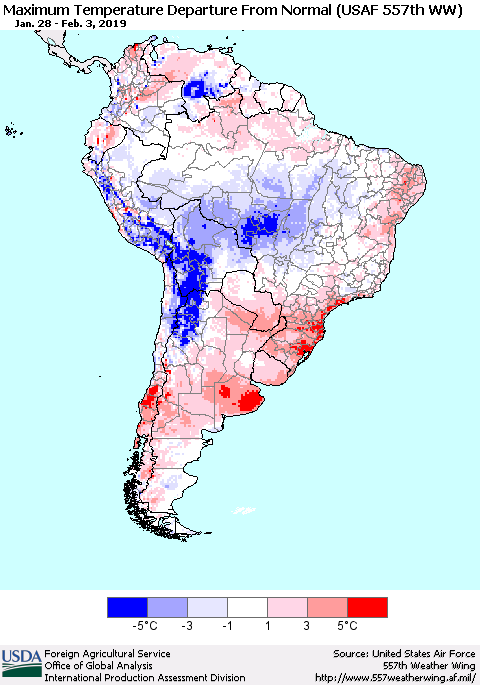 South America Mean Maximum Temperature Departure from Normal (USAF 557th WW) Thematic Map For 1/28/2019 - 2/3/2019