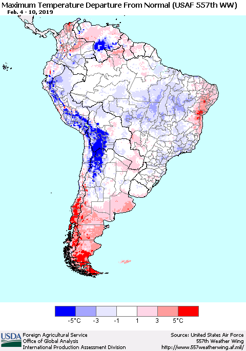 South America Mean Maximum Temperature Departure from Normal (USAF 557th WW) Thematic Map For 2/4/2019 - 2/10/2019