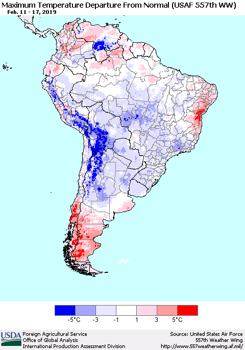 South America Mean Maximum Temperature Departure from Normal (USAF 557th WW) Thematic Map For 2/11/2019 - 2/17/2019